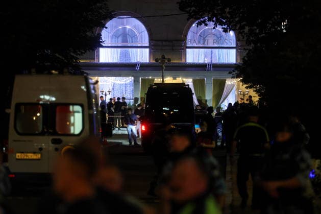 RUSSIA, MOSCOW - AUGUST 1, 2026: Emergency services respond to the scene of an explosion near a cafe in Kudrinskaya Square, central Moscow, three dead, 15 suffering injuries of various degrees of severity. Danil Aikin TASS  95695403
