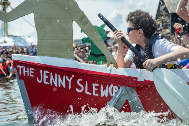 Great Salem Maritime Cardboard Boat Regatta MASSACHUSETTS, UNITED STATES - AUGUST 1: Competitors paddle as fast as they can from the start line during the Great Salem Maritime Cardboard Boat Regatta in Salem, Massachusetts, United States on August 1, 2026. Joseph Prezioso Anadolu Massachusetts United States. Editorial use only. Please get in touch for any other usage.  Copyright: x2026xAnadoluxJosephxPreziosox