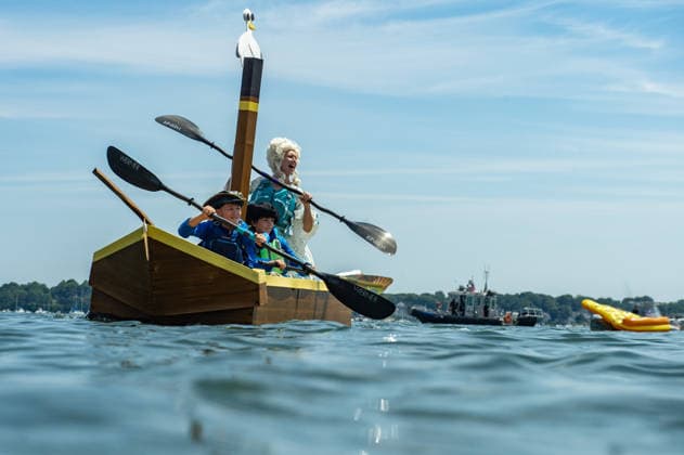 Great Salem Maritime Cardboard Boat Regatta MASSACHUSETTS, UNITED STATES - AUGUST 1: Competitors paddle as fast as they can from the start line during the Great Salem Maritime Cardboard Boat Regatta in Salem, Massachusetts, United States on August 1, 2026. Joseph Prezioso Anadolu Massachusetts United States. Editorial use only. Please get in touch for any other usage.  Copyright: x2026xAnadoluxJosephxPreziosox