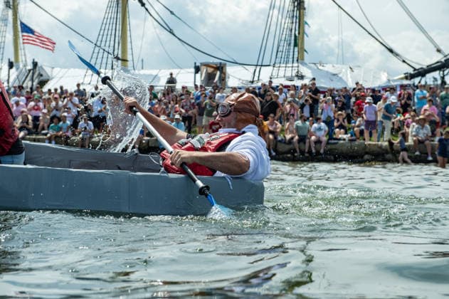 Great Salem Maritime Cardboard Boat Regatta MASSACHUSETTS, UNITED STATES - AUGUST 1: Competitors paddle as fast as they can from the start line during the Great Salem Maritime Cardboard Boat Regatta in Salem, Massachusetts, United States on August 1, 2026. Joseph Prezioso Anadolu Massachusetts United States. Editorial use only. Please get in touch for any other usage.  Copyright: x2026xAnadoluxJosephxPreziosox