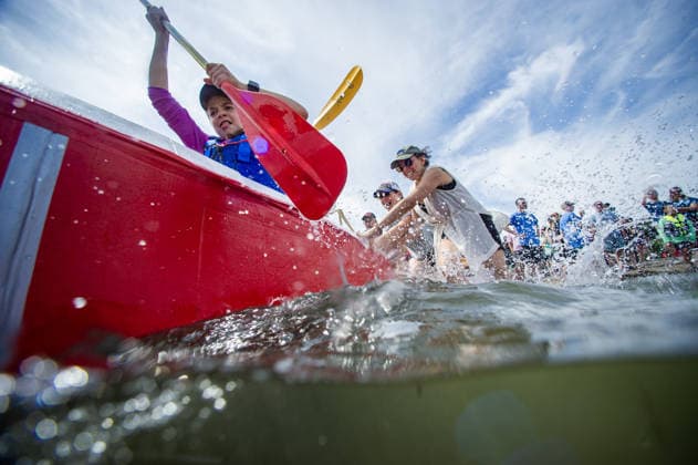 Great Salem Maritime Cardboard Boat Regatta MASSACHUSETTS, UNITED STATES - AUGUST 1: Competitors paddle as fast as they can from the start line during the Great Salem Maritime Cardboard Boat Regatta in Salem, Massachusetts, United States on August 1, 2026. Joseph Prezioso Anadolu Massachusetts United States. Editorial use only. Please get in touch for any other usage.  Copyright: x2026xAnadoluxJosephxPreziosox