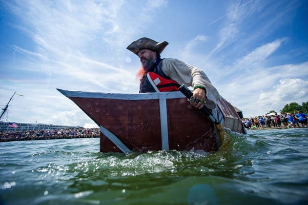 Great Salem Maritime Cardboard Boat Regatta MASSACHUSETTS, UNITED STATES - AUGUST 1: Competitors paddle as fast as they can from the start line during the Great Salem Maritime Cardboard Boat Regatta in Salem, Massachusetts, United States on August 1, 2026. Joseph Prezioso Anadolu Massachusetts United States. Editorial use only. Please get in touch for any other usage.  Copyright: x2026xAnadoluxJosephxPreziosox