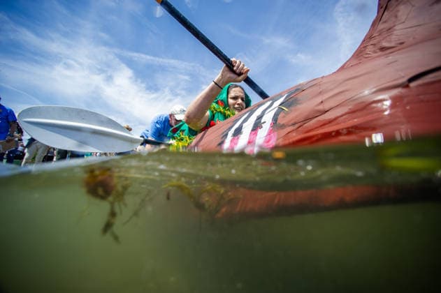 Great Salem Maritime Cardboard Boat Regatta MASSACHUSETTS, UNITED STATES - AUGUST 1: Competitors paddle as fast as they can from the start line during the Great Salem Maritime Cardboard Boat Regatta in Salem, Massachusetts, United States on August 1, 2026. Joseph Prezioso Anadolu Massachusetts United States. Editorial use only. Please get in touch for any other usage.  Copyright: x2026xAnadoluxJosephxPreziosox