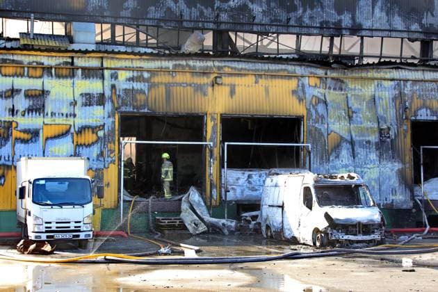 Russia strikes industrial facility in Kyiv region State Emergency Service rescue workers respond to a fire at a civilian industrial and logistics facility in Vyshneve, Bucha district, Kyiv region, Ukraine, on August 1, 2026. The facility was damaged by an overnight attack. Vyshneve Kyiv region Ukraine  Copyright: xVolodymyrxTarasovx originalFilename: ukrinform-russiast260801_np4uI.jpg