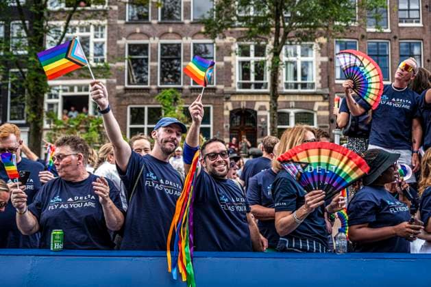August 1, 2026, Amsterdam, North Holland, Netherlands: Delta and KLM Airlines workers join Amsterdam Pride s Canal Parade on August 1, 2026, in Amsterdam, the Netherlands. Hundreds of thousands of spectators joined the 30th edition of the Pride Canal Parade, the highlight of WorldPride Amsterdam 2026. This yearÃ¢â‚¬â ¢s parade also included the WorldPride Stadium grandstand, with seating for approximately 10,000 people to watch as floats pass by. Amsterdam Netherlands - ZUMAp202 20260801_zip_p202_073 Copyright: xJamesxPetermeierx
