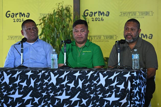 GARMA FESTIVAL, (L-R) Senator Siegfried Nakamura of Palau, Kalani Kaneko Minister for Foreign Affairs and Trade of the Republic of Marshall Islands and Keith Iduhu, Deputy Opposition Leader of Papua New Guinea during the 26th annual Garma Festival in Gulkula, Northern Territory, Saturday, August 1, 2026. The Garma Festival takes place on the remote northeast Arnhem Land, celebrating Yolngu culture and customs in a four-day event hosted by the Yothu Yindi Foundation. ( NO ARCHIVING - VISUALS FROM THE YYF GARMA 26TH ANNIVERSARY ARE STRICTLY FOR NEWS AND CURRENT AFFAIRS COVERAGE ONLY. VISUALS MUST NOT BE USED FOR PROMOTIONAL, ADVERTISING, COMMERCIAL, FUNDRAISING OR ANY OTHER PURPOSE Gulkula Ceremonial Site Northern Territory Australia  Copyright: xJamesxRossx 20260802194161272883