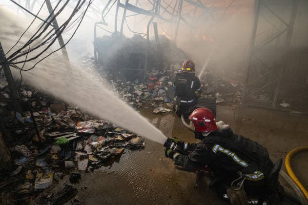 Russian drone strike hits book warehouse in Kharkiv KHARKIV, UKRAINE - AUGUST 1: Firefighters respond to area after two Russian attack drones struck a book warehouse destroying part of the building and sparking a fire that spread across 8,900 square meters in Kharkiv, Ukraine, on August 1, 2026. No casualties were reported, though one firefighter suffered heatstroke while battling the blaze. The warehouse belongs to Ukrainian publisher Ranok and also serves as the distribution center for the KnygoLand bookstore chain. Serhii Masin Anadolu Kharkiv Ukraine. Editorial use only. Please get in touch for any other usage.  Copyright: x2026xAnadoluxSerhiixMasinx