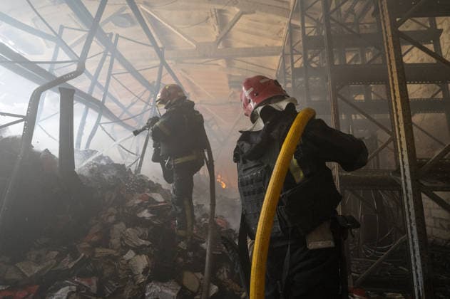 Russian drone strike hits book warehouse in Kharkiv KHARKIV, UKRAINE - AUGUST 1: Firefighters respond to area after two Russian attack drones struck a book warehouse destroying part of the building and sparking a fire that spread across 8,900 square meters in Kharkiv, Ukraine, on August 1, 2026. No casualties were reported, though one firefighter suffered heatstroke while battling the blaze. The warehouse belongs to Ukrainian publisher Ranok and also serves as the distribution center for the KnygoLand bookstore chain. Serhii Masin Anadolu Kharkiv Ukraine. Editorial use only. Please get in touch for any other usage.  Copyright: x2026xAnadoluxSerhiixMasinx