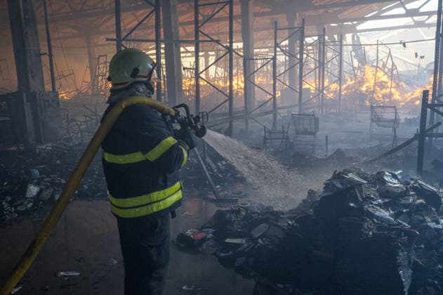 Russian drone strike hits book warehouse in Kharkiv KHARKIV, UKRAINE - AUGUST 1: Firefighters respond to area after two Russian attack drones struck a book warehouse destroying part of the building and sparking a fire that spread across 8,900 square meters in Kharkiv, Ukraine, on August 1, 2026. No casualties were reported, though one firefighter suffered heatstroke while battling the blaze. The warehouse belongs to Ukrainian publisher Ranok and also serves as the distribution center for the KnygoLand bookstore chain. Serhii Masin Anadolu Kharkiv Ukraine. Editorial use only. Please get in touch for any other usage.  Copyright: x2026xAnadoluxSerhiixMasinx