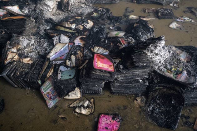 Russian drone strike hits book warehouse in Kharkiv KHARKIV, UKRAINE - AUGUST 1: A view of burned books as firefighters respond to area after two Russian attack drones struck a book warehouse destroying part of the building and sparking a fire that spread across 8,900 square meters in Kharkiv, Ukraine, on August 1, 2026. No casualties were reported, though one firefighter suffered heatstroke while battling the blaze. The warehouse belongs to Ukrainian publisher Ranok and also serves as the distribution center for the KnygoLand bookstore chain. Serhii Masin Anadolu Kharkiv Ukraine. Editorial use only. Please get in touch for any other usage.  Copyright: x2026xAnadoluxSerhiixMasinx