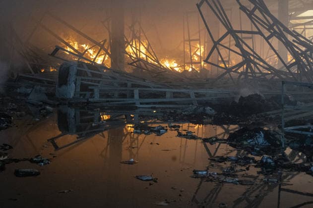 Russian drone strike hits book warehouse in Kharkiv KHARKIV, UKRAINE - AUGUST 1: A view of the fire as firefighters respond to area after two Russian attack drones struck a book warehouse destroying part of the building and sparking a fire that spread across 8,900 square meters in Kharkiv, Ukraine, on August 1, 2026. No casualties were reported, though one firefighter suffered heatstroke while battling the blaze. The warehouse belongs to Ukrainian publisher Ranok and also serves as the distribution center for the KnygoLand bookstore chain. Serhii Masin Anadolu Kharkiv Ukraine. Editorial use only. Please get in touch for any other usage.  Copyright: x2026xAnadoluxSerhiixMasinx