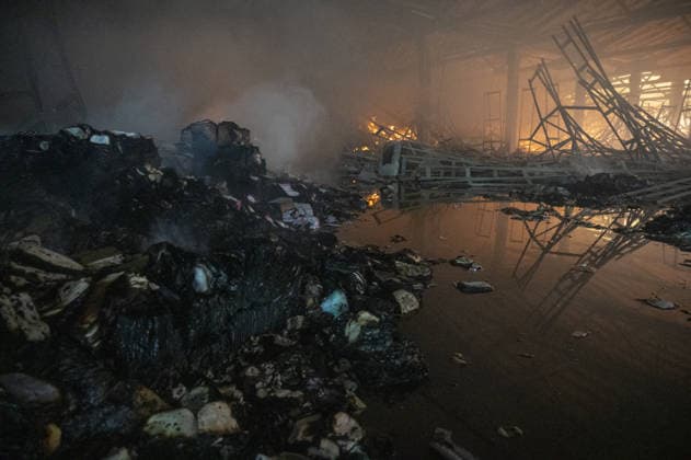 Russian drone strike hits book warehouse in Kharkiv KHARKIV, UKRAINE - AUGUST 1: A view of the fire as firefighters respond to area after two Russian attack drones struck a book warehouse destroying part of the building and sparking a fire that spread across 8,900 square meters in Kharkiv, Ukraine, on August 1, 2026. No casualties were reported, though one firefighter suffered heatstroke while battling the blaze. The warehouse belongs to Ukrainian publisher Ranok and also serves as the distribution center for the KnygoLand bookstore chain. Serhii Masin Anadolu Kharkiv Ukraine. Editorial use only. Please get in touch for any other usage.  Copyright: x2026xAnadoluxSerhiixMasinx