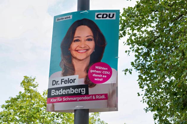 Berlin,02.08.2026,Wahlplakat der Partei CDU Felor Badenberg Maren zur Wahl zum 20.Abgeordnetenhaus von Berlin am 20.09.2026. *** Berlin, August 2, 2026; Election poster for the CDU Felor Badenberg Maren party for the election to the 20th Berlin House of Representatives on September 20, 2026