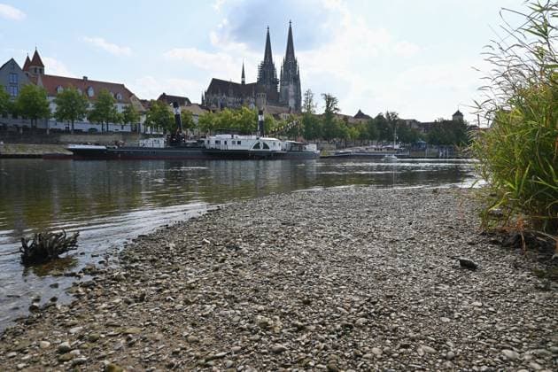 Niedrigwasser der Donau in Regensburg, Bayern. Die Donau führt an mehreren Stellen so wenig Wasser wie nie seit Beginn der Aufzeichnungen. Die Folgen sind weitreichend. Der Fluss hat einen rekordniedrigen Wasserstand erreicht. An der Messstelle im bayerischen Pfelling liegt der Pegel nach Daten von Elwis, dem Informationssystem der Wasserstrassen- und Schifffahrtsverwaltung, bei 216 Zentimetern. Er unterschreitet damit den bisherigen Tiefstwert von 221 Zentimetern aus dem August 2022. Während das Niedrigwasser weiter flussabwärts die Wirtschaft lahmlegt, trifft es in Deutschland vor allem die Flusskreuzfahrt. *** Low Water Levels on the Danube in Regensburg, Bavaria: In several places, the Danube is carrying less water than at any time