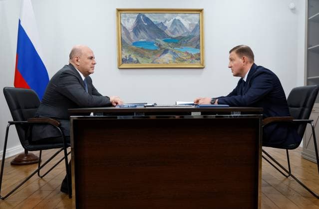 Russia Mishustin Siberian Federal District 9216389 03.08.2026 Russian Prime Minister Mikhail Mishustin meets with Head of the Republic of Altai Andrei Turchak in Gorno-Altaysk, Republic of Altai, Russia. Dmitry Astakhov Sputnik Gorno-Altaisk Russia  Copyright: xDmitryxAstakhovx