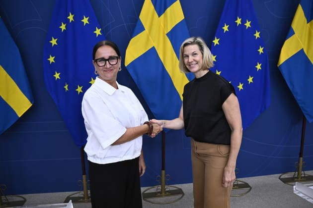 STOCKHOLM, SVERIGE 20260803 Petra Marselius presenteras som ny Diskrimineringsombudman av jämställdhetsminister Nina Larsson (L) pa en presskonferens pa mandagen. STOCKHOLM SVERIGE x10080x *** STOCKHOLM, SWEDEN, August 3, 2026 — Petra Marselius was introduced as the new Discrimination Ombudsman by Minister of Gender Equality Nina Larsson L at a press conference on Monday. STOCKHOLM, SWEDEN x10080x  Copyright: xFredrikxSandberg TTx NY DISKRIMINERINGSOMBUDSMAN PRESENTERAS V7VOqlzWC40