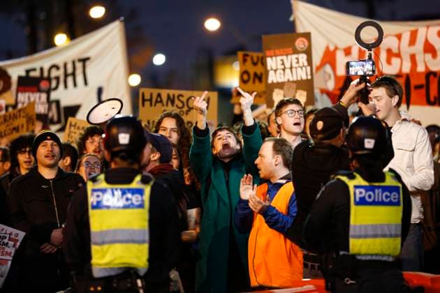 August 3, 2026, Melbourne, Victoria State, Australia: (EDITORS NOTE: Image contains profanity) A protester shouts slogans during the rally..Protesters gathered to demonstrate against the launch of One NationÃ¢â‚¬â ¢s Victorian state election campaign by party leader Pauline Hanson. The demonstration was organised in opposition to the partyÃ¢â‚¬â ¢s policies and political views as One Nation prepares to contest the upcoming Victorian state election. Melbourne Australia - ZUMAs197 20260803_aaa_s197_016 Copyright: xYexMyoxKhantx