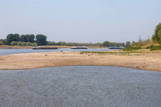 Niedriger Rheinpegel am Pegel Wesel Für den 03.08.2026 wurde durch die Wasserstraßen- und Schifffahrtsverwaltung des Bundes ein Pegelstand von 85 cm veröffentlicht. Für die Binnenschifffahrt stellt der niedrige Pegel ein Problem dar. Sinkt er zu weit ab, dürfen Schiffe nicht mehr voll beladen werden. Binnenschiff auf dem Rhein bei Wesel. Wesel, Nordrhein-Westfalen, DEU, Deutschland, 03.08.2026 *** Low water level on the Rhine at the Wesel gauge. The Federal Waterways and Shipping Administration published a water level of 85 cm for August 3, 2026. The low water level poses a problem for inland waterway shipping. If it drops too low, ships are no longer allowed to be fully loaded. Inland waterway vessel on the Rhine near Wesel. Wesel, No