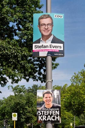 Berlin,03.08.2026,Wahlplakat der Partei SPD Steffen Krach sowie CDU Stefan Evers zur Wahl zum 20.Abgeordnetenhaus von Berlin sowie zu den Bezirksverordnetenversammlungen am 20.09.2026. *** Berlin, August 3, 2026—Election poster featuring Steffen Krach of the SPD and Stefan Evers of the CDU for the election to the 20th Berlin House of Representatives and the district councils on September 20, 2026