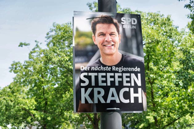 Berlin,03.08.2026,Wahlplakat der Partei SPD Steffen Krach zur Wahl zum 20.Abgeordnetenhaus von Berlin sowie zu den Bezirksverordnetenversammlungen am 20.09.2026. *** Berlin, August 3, 2026—Election poster for the SPD party’s candidate Steffen Krach for the election to the 20th Berlin House of Representatives and the district councils on September 20, 2026