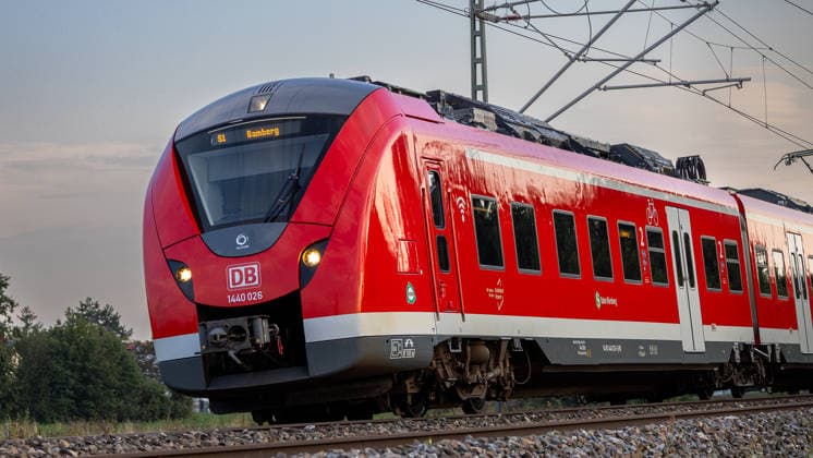 Rail service between Bamberg and Nuremberg, Fürth, August 3, 2026 A Deutsche Bahn Class 1440 Bombardier Talent 2 railcar operates as the S-Bahn Line S1 toward Bamberg. The red-and-white train is in service on the regional route between Nuremberg and Bamberg. Fürth, Stadeln, Bavaria, Germany 20260803-286A3838-M4000