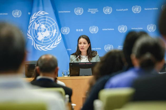 August 3, 2026, New York, New York, United States: Seen through seated journalists, CHRISTINA MARKUS LASSEN, Permanent Representative of Denmark to the United Nations, briefs reporters at UNHQ following the start of DenmarkÃ¢â‚¬â ¢s Security Council presidency for the month of August. LASSEN took questions on the Middle East, DenmarkÃ¢â‚¬â ¢s approach to Ukraine, the second United Nations Secretary-General straw poll later this month, DenmarkÃ¢â‚¬â ¢s joint focus point with Bahrain, and Greenland. New York United States - ZUMAo116 20260803_znp_o116_003 Copyright: xBiancaxOterox