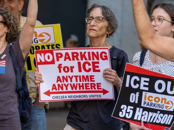 August 3, 2026, New York, New York, USA: Sign reads No Parking for ICE Anytime Anywhere in a Rise & Resist protests against icon Parking holding a fleet of their vehicles in one of itÃ¢â‚¬â ¢s garages in Tribeca, NYC. New York USA - ZUMAc266 20260803_znp_c266_002 Copyright: xCarlosxChiossonex
