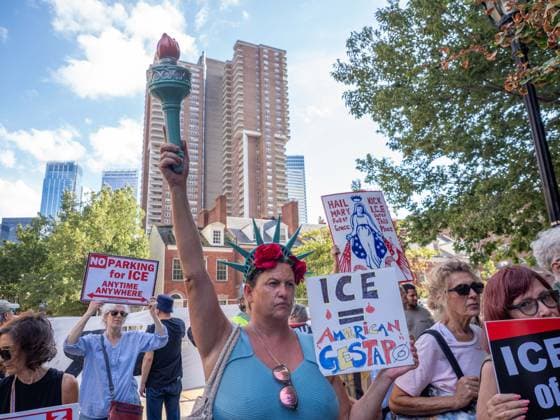 August 3, 2026, New York, New York, USA: Sign read ICE = American Gestapo in a Rise & Resist protests against icon Parking holding a fleet of their vehicles in one of itÃ¢â‚¬â ¢s garages in Tribeca, NYC. New York USA - ZUMAc266 20260803_znp_c266_003 Copyright: xCarlosxChiossonex