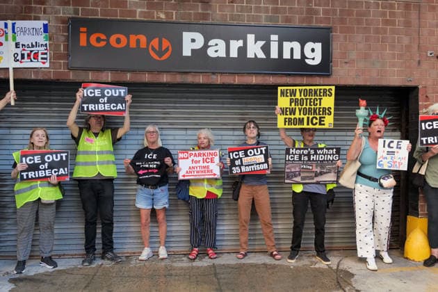 August 3, 2026, New York, New York, USA: Tribeca residents and supporters demonstrate against ICE vehicles parking at ICON Parking garage.on Harrison Street in IPN Plaza Tribeca. It is believed the garage holds a fleet of new unlicensed SUV s.the type ICE uses in their arrest deportation operations. The garage is close to their offices at 26 Federal Plaza and the .ICE Field Offices on Varick Street. New York USA - ZUMAh156 20260803_znp_h156_005 Copyright: xMiloxHessx