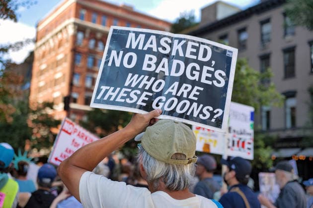 August 3, 2026, New York, New York, USA: Tribeca residents and supporters demonstrate against ICE vehicles parking at ICON Parking garage.on Harrison Street in IPN Plaza Tribeca. It is believed the garage holds a fleet of new unlicensed SUV s.the type ICE uses in their arrest deportation operations. The garage is close to their offices at 26 Federal Plaza and the .ICE Field Offices on Varick Street. New York USA - ZUMAh156 20260803_znp_h156_009 Copyright: xMiloxHessx