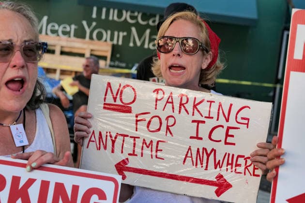 August 3, 2026, New York, New York, USA: Tribeca residents and supporters demonstrate against ICE vehicles parking at ICON Parking garage.on Harrison Street in IPN Plaza Tribeca. It is believed the garage holds a fleet of new unlicensed SUV s.the type ICE uses in their arrest deportation operations. The garage is close to their offices at 26 Federal Plaza and the .ICE Field Offices on Varick Street. New York USA  - ZUMAh156 20260803_znp_h156_013 Copyright: xMiloxHessx