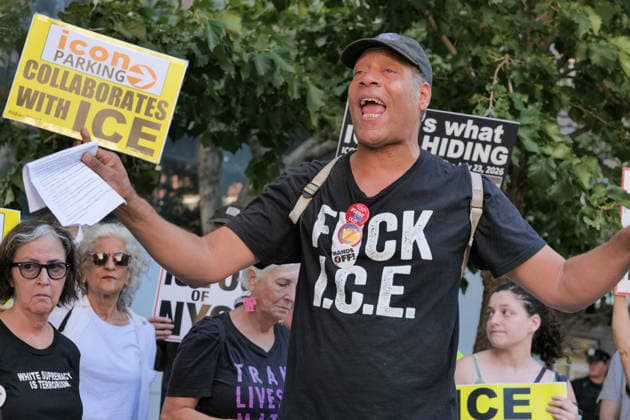 August 3, 2026, New York, New York, USA: Tribeca residents and supporters demonstrate against ICE vehicles parking at ICON Parking garage.on Harrison Street in IPN Plaza Tribeca. It is believed the garage holds a fleet of new unlicensed SUV s.the type ICE uses in their arrest deportation operations. The garage is close to their offices at 26 Federal Plaza and the .ICE Field Offices on Varick Street. New York USA - ZUMAh156 20260803_znp_h156_015 Copyright: xMiloxHessx