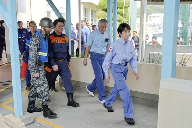 Japan PM Takaichi visits quake-hit Kumamoto Japanese Prime Minister Sanae Takaichi (far R) visits an evacuation center in Hikawa in Kumamoto Prefecture on Aug. 3, 2026, after a powerful earthquake struck the southwestern Japan prefecture and its vicinity on July 28. (Pool photo)  A14AA0005625009P