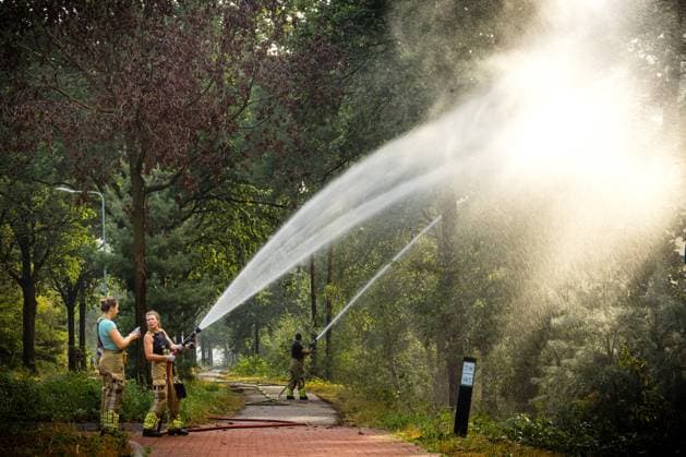 OOSTRUM - Firefighters are keeping trees wet at the De Rosmolen nature reserve near Oostrum due to a very large forest fire. More than 100 hectares of nature have already been lost in the fire, and the fire department has not yet brought the flames under control. ROB ENGELAAR ANP netherlands out - belgium out  Copyright: xx x564854783x originalFilename: 564854783.jpg