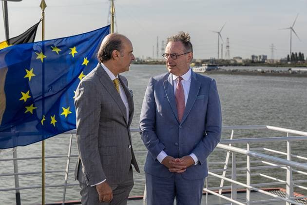 Elia Group CEO Bernard Gustin and Belgium s Prime Minister Bart De Wever pictured during the launch of the Brabo project and the signing of a cooperation agreement between Elia and TenneT, who both operate the electricity transmission network in Belgian and in the Netherlands, Tuesday 04 August 2026.  JAMESxARTHURxGEKIERE 182726085