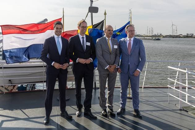 Netherlands Prime Minister Rob Jetten, Executive Director Tennet Nederland, Jan-Paul Dijckmans, Elia Group CEO Bernard Gustin and Belgium s Prime Minister Bart De Wever pictured during the launch of the Brabo project and the signing of a cooperation agreement between Elia and TenneT, who both operate the electricity transmission network in Belgian and in the Netherlands, Tuesday 04 August 2026.  JAMESxARTHURxGEKIERE 182726223