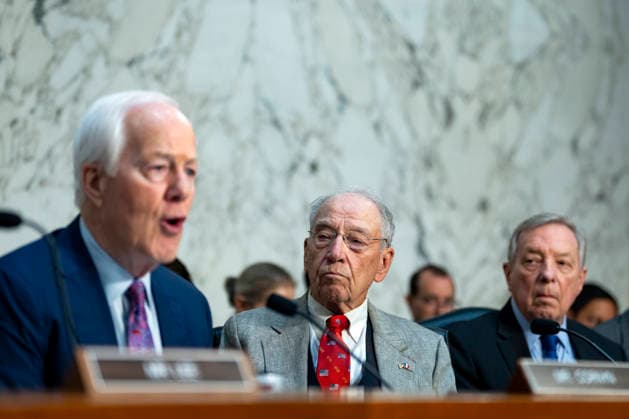 Chair of the Senate Judiciary Committee Sen. Chuck Grassley, R-IA, (C) and Ranking Member Sen. Dick Durbin, D-IL, (R) look on as Sen. John Cornyn, R-TX, (L) speaks during a Senate Judiciary Committee business meeting to vote on Acting Attorney General Todd Blanche s nomination to be Attorney General at the U.S. Capitol in Washington, DC on Tuesday, August 4, 2026. Blanche s nomination had been held up over concerns from Cornyn and Sen. Thom Tillis, R-NC, but they reached a deal to end the standoff after Blanche agreed to withhold President Donald Trump s $1.8 billion anti-weaponization fund.  WAP20260804307 BONNIExCASH