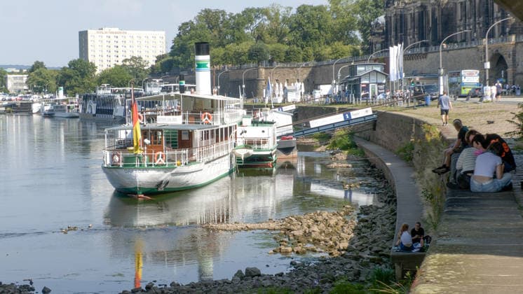 Die Pegel sinken weiter. Anhaltende Trockenheit verschärft das Niedrigwasser an den deutschen Flüssen weiter. Betroffen ist auch die Elbe bei Dresden. In Dresden zeigte die Pegelanzeige am Dienstagnachmittag nur noch 40 cm an. Die Dampfschifffahrt steht fast komplett still und sitzt auf dem Trockenen. Einheimische gehen mitten in der Elbe, auf kleinen Inseln, baden. Dort, wo eigentlich die Elbe entlang fließt, ist mittlerweile viel Wildwuchs entstanden. Und auch aus Tschechien kommt kaum Wasser nach. Die Situation wird mit Tag zu Tag immer dramatischer. Dresden Sachsen Deutschland *** Water levels continue to drop. Persistent drought is further exacerbating low water levels in German rivers. The Elbe near Dresden is also affected. In Dr