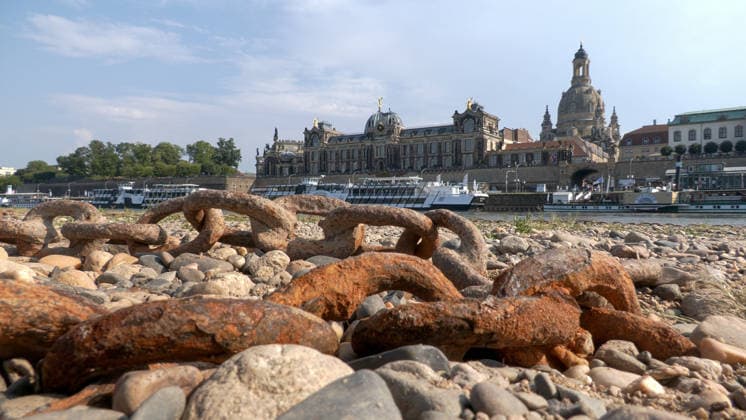 Die Pegel sinken weiter. Anhaltende Trockenheit verschärft das Niedrigwasser an den deutschen Flüssen weiter. Betroffen ist auch die Elbe bei Dresden. In Dresden zeigte die Pegelanzeige am Dienstagnachmittag nur noch 40 cm an. Die Dampfschifffahrt steht fast komplett still und sitzt auf dem Trockenen. Einheimische gehen mitten in der Elbe, auf kleinen Inseln, baden. Dort, wo eigentlich die Elbe entlang fließt, ist mittlerweile viel Wildwuchs entstanden. Und auch aus Tschechien kommt kaum Wasser nach. Die Situation wird mit Tag zu Tag immer dramatischer. Dresden Sachsen Deutschland *** Water levels continue to drop. Persistent drought is further exacerbating low water levels in German rivers. The Elbe near Dresden is also affected. In Dr
