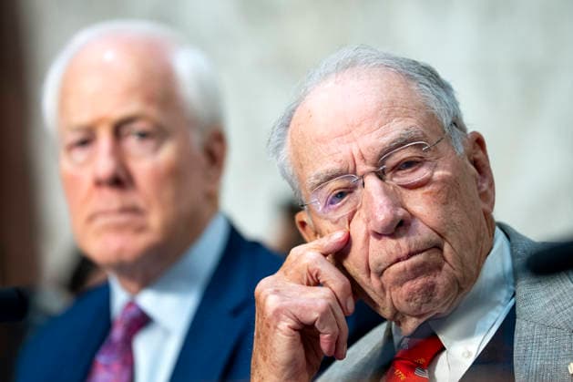 Chair of the Senate Judiciary Committee Chuck Grassley, R-IA, (R) and Sen. John Cornyn, R-TX, look on during a Senate Judiciary Committee business meeting to vote on Acting Attorney General Todd Blanche s nomination to be Attorney General at the U.S. Capitol in Washington, DC on Tuesday, August 4, 2026. Blanche s nomination had been held up over concerns from Cornyn and Sen. Thom Tillis, R-NC, but they reached a deal to end the standoff after Blanche agreed to withhold President Donald Trump s $1.8 billion anti-weaponization fund. The committee voted 12-10 on party lines to advance his nomination.  WAP20260804336 BONNIExCASH