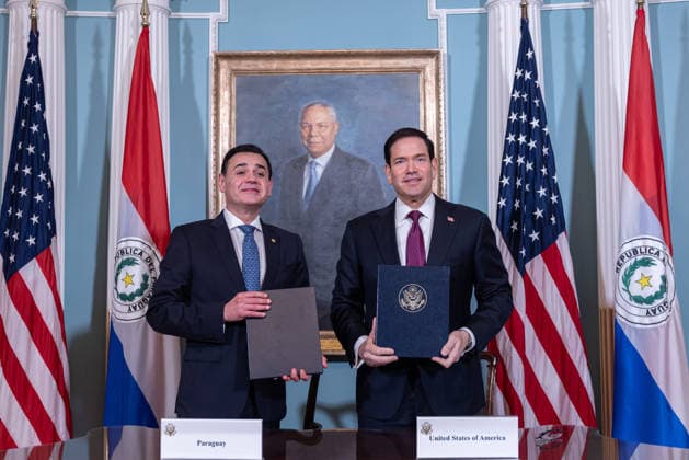 US Secretary of State Marco Rubio and Paraguayan Foreign Minister sign civil nuclear MOU WASHINGTON, D.C., UNITED STATES - AUGUST 04: U.S. Secretary of State Marco Rubio (R) and Paraguayan Foreign Minister Ruben Ramírez Lezcano (L) pose after signing a Memorandum of Understanding (MOU) on Strategic Civil Nuclear Cooperation in the Treaty Room at the U.S. Department of State in Washington, D.C., on August 4, 2026. Mehmet Eser Anadolu Washington United States. Editorial use only. Please get in touch for any other usage.  Copyright: x2026xAnadoluxMehmetxEserx