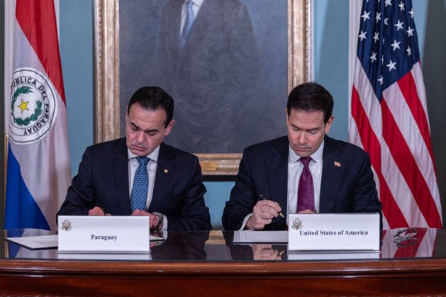 US Secretary of State Marco Rubio and Paraguayan Foreign Minister sign civil nuclear MOU WASHINGTON, D.C., UNITED STATES - AUGUST 04: U.S. Secretary of State Marco Rubio (R) and Paraguayan Foreign Minister Ruben Ramírez Lezcano (L) sign a Memorandum of Understanding (MOU) on Strategic Civil Nuclear Cooperation in the Treaty Room at the U.S. Department of State in Washington, D.C., on August 4, 2026. Mehmet Eser Anadolu Washington United States. Editorial use only. Please get in touch for any other usage.  Copyright: x2026xAnadoluxMehmetxEserx