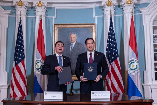 US Secretary of State Marco Rubio and Paraguayan Foreign Minister sign civil nuclear MOU WASHINGTON, D.C., UNITED STATES - AUGUST 04: U.S. Secretary of State Marco Rubio (R) and Paraguayan Foreign Minister Ruben Ramírez Lezcano (L) pose after signing a Memorandum of Understanding (MOU) on Strategic Civil Nuclear Cooperation in the Treaty Room at the U.S. Department of State in Washington, D.C., on August 4, 2026. Mehmet Eser Anadolu Washington United States. Editorial use only. Please get in touch for any other usage.  Copyright: x2026xAnadoluxMehmetxEserx