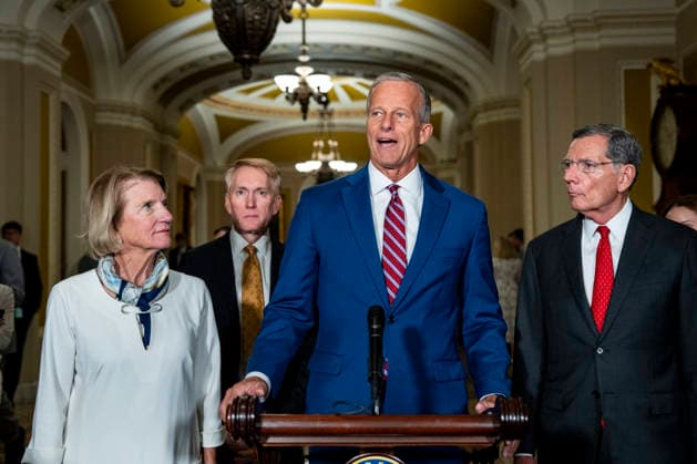 Senate Majority Leader John Thune, R-SD, speaks during a press conference with other Senate Republicans after weekly caucus luncheons at the U.S. Capitol in Washington, DC on Tuesday, August 4, 2026. With August recess approaching, Senate Republicans are looking to confirm Acting Attorney General Todd Blanche as Attorney General and pass a budget bill to prevent a shutdown before the midterms.  WAP20260804344 BONNIExCASH