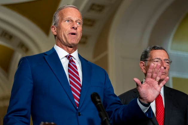 Senate Majority Leader John Thune, R-SD, speaks during a press conference after weekly Senate caucus luncheons at the U.S. Capitol in Washington, DC on Tuesday, August 4, 2026. With August recess approaching, Senate Republicans are looking to confirm Acting Attorney General Todd Blanche as Attorney General and pass a budget bill to prevent a shutdown before the midterms.  WAP20260804347 BONNIExCASH