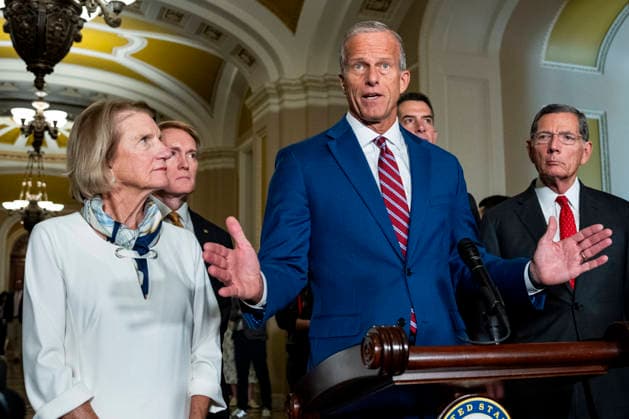 Senate Majority Leader John Thune, R-SD, speaks during a press conference with other Senate Republicans after weekly caucus luncheons at the U.S. Capitol in Washington, DC on Tuesday, August 4, 2026. With August recess approaching, Senate Republicans are looking to confirm Acting Attorney General Todd Blanche as Attorney General and pass a budget bill to prevent a shutdown before the midterms.  WAP20260804353 BONNIExCASH