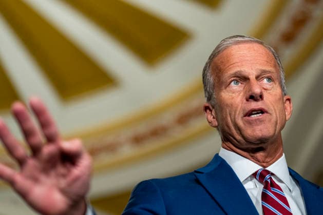 Senate Majority Leader John Thune, R-SD, speaks during a press conference after weekly Senate caucus luncheons at the U.S. Capitol in Washington, DC on Tuesday, August 4, 2026. With August recess approaching, Senate Republicans are looking to confirm Acting Attorney General Todd Blanche as Attorney General and pass a budget bill to prevent a shutdown before the midterms.  WAP20260804354 BONNIExCASH
