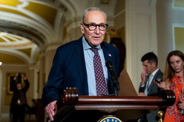 Senate Minority Leader Chuck Schumer, D-NY, speaks during a press conference after weekly Senate caucus luncheons at the U.S. Capitol in Washington, DC on Tuesday, August 4, 2026. With August recess approaching, Senate Democrats are looking to pass a budget bill to prevent a shutdown before the midterms.  WAP20260804361 BONNIExCASH