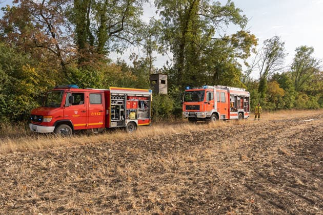 Waldbrand durch Flugzeug gemeldet 200 Quadratmeter Wald brennen bei Gernsheim Am 04.08.2026 brannte am Dienstagnachmittag ein rund 200 Quadratmeter großes Waldstück in Gernsheim-Allmendfeld. Gemeldet wurde das Feuer über die Deutsche Flugsicherung, nachdem ein Luftfahrzeug die Flammen entdeckt hatte. Eine gut sichtbare Rauchsäule machte den Brand bereits auf der Anfahrt der Einsatzkräfte schnell auffindbar. Sofort eingeleitete Löschmaßnahmen verhinderten eine weitere Ausbreitung des Feuers. Ein Polizeihubschrauber unterstützte die Einsatzkräfte mit einer Wärmebildkamera aus der Luft, die Brandursache war zunächst unklar. Gernsheim Allmendfeld Hessen Deutschland *** Forest Fire Reported by Aircraft: 200 Square Meters of Forest
