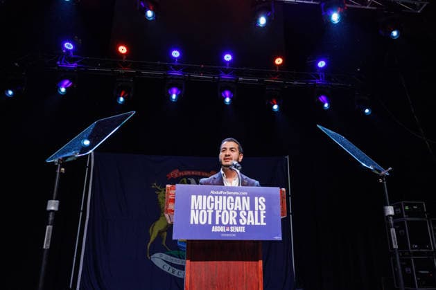 August 5, 2026, Detroit, Michigan, USA: Former Wayne County Health Director Abdul El-Sayed speaks at an election night watch party in Detroit, Mich., on Aug. 4, 2026. The Democratic primary for U.S. Senate was too close to call at the time he spoke. Detroit USA - ZUMAr192 20260805_znp_r192_005 Copyright: xAndrewxRothx
